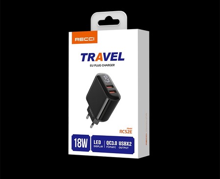 SZYBKA ŁADOWARKA SIECIOWA 18W 2x USB QC 3.0 ZASILACZ Z WYŚWIETLACZEM RECCI
