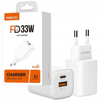 MOCNA SZYBKA ŁADOWARKA SIECIOWA USB-C TYP C USB 33W QC3.0 PD ZASILACZ RECCI
