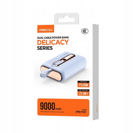 SZYBKI POWERBANK 9000MAH 22,5W 3A PD WBUDOWANE KABLE USB-C DO LIGHTNING IP