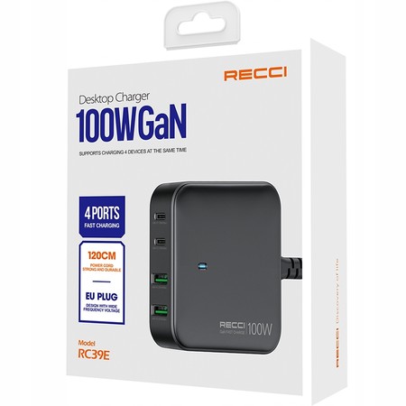 SZYBKA ŁADOWARKA SIECIOWA 100W GaN 2x USB 2x USB-C 3.0 MOCNY ZASILACZ RECCI