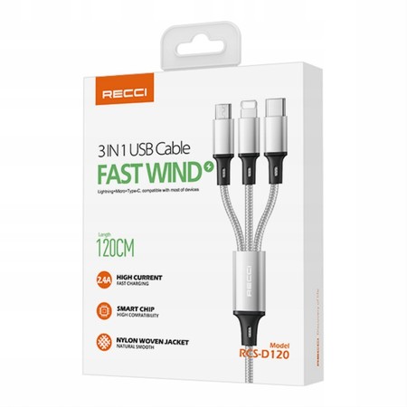 MOCNY KABEL USB PRZEWÓD 3w1 LIGHTNING MICRO TYP-C USB-C 2.4A 120cm RECCI