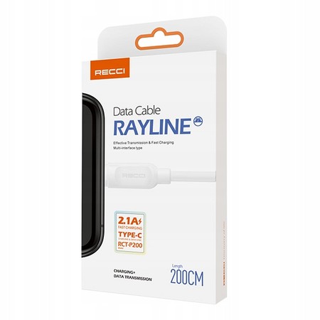 MOCNY KABEL USB-C TYP C SZYBKI 2.1A RECCI BIAŁY 200 cm