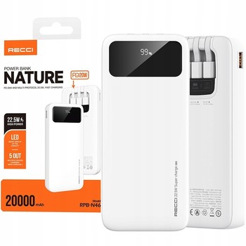 SZYBKI POWERBANK 20000MAH 22,5W 3A WBUDOWANE KABLE USB-C DO LIGHTNING MICRO