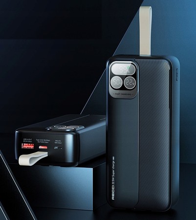 SZYBKI POWERBANK 30000MAH 22,5W 3A PD Z WBUDOWANYMI KABLAMI Z EKRANEM RECCI
