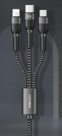 MOCNY SZYBKI KABEL 3w1 LIGHTNING TYP-C MICRO USB 6A 120cm 66W SZNUREK RECCI
