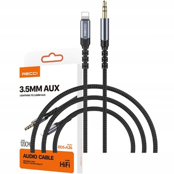 NYLONOWY MOCNY ADAPTER LIGHTNING do AUX MINI JACK 3,5 MM DO iPhone RECCI