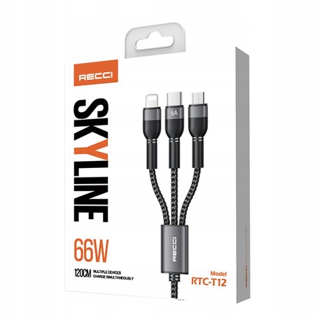 MOCNY SZYBKI KABEL 3w1 LIGHTNING TYP-C MICRO USB 6A 120cm 66W SZNUREK RECCI