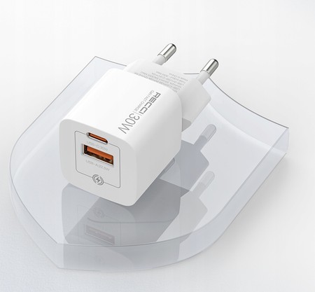 MOCNA SZYBKA ŁADOWARKA SIECIOWA GaN 2x USB-C/USB 30W MOCNY ZASILACZ RECCI