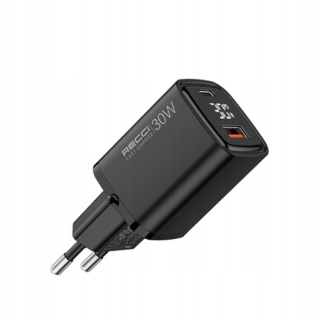 SZYBKA ŁADOWARKA SIECIOWA 30W USB i USB-C PD QC 3.0 WYŚWIETLACZ LED RECCI