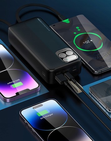 SZYBKI POWERBANK 30000MAH 22,5W 3A PD Z WBUDOWANYMI KABLAMI Z EKRANEM RECCI