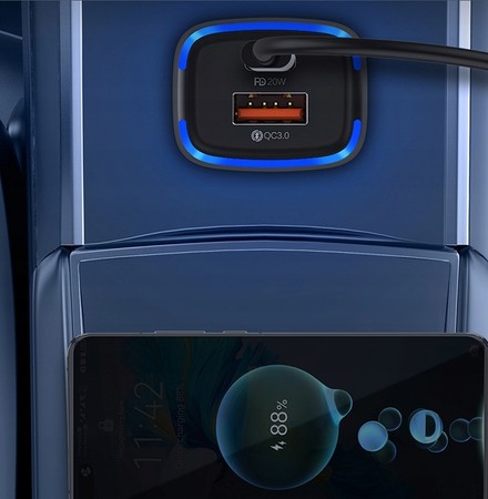 ŁADOWARKA SAMOCHODOWA LED USB i USB-C 20W PD QC 3.0 3A DO ZAPALNICZKI RECCI