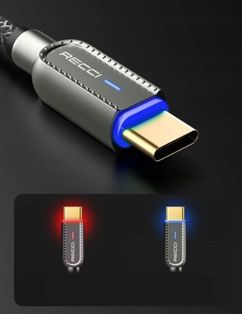 PODŚWIETLANY KABEL LIGHTNING USB-C 20W 1M W OPLOCIE MOCNY LED RECCI