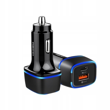 ŁADOWARKA SAMOCHODOWA LED USB i USB-C 20W PD QC 3.0 3A DO ZAPALNICZKI RECCI