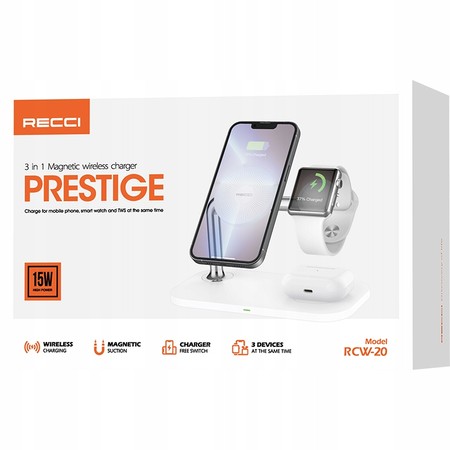 STOJAK Z ŁADOWARKA BEZPRZEWODOWA DO IPHONE / WATCH / AIRPODS 15W RECCI