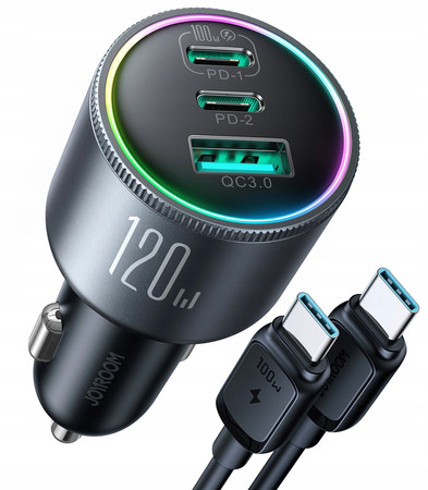 ŁADOWARKA SAMOCHODOWA Z KABLEM 120W 5A PD QC 3.0 USB-A 2x USB-C JOYROOM