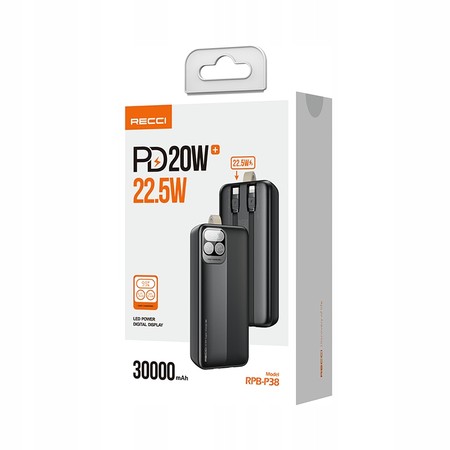 SZYBKI POWERBANK 30000MAH 22,5W 3A PD Z WBUDOWANYMI KABLAMI Z EKRANEM RECCI