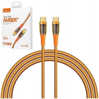 KABEL USB-C TYP C PRZEWÓD 100W SZYBKI MOCNY OPLOT 1,5M RECCI POMARAŃCZOWY