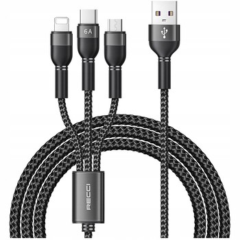 MOCNY SZYBKI KABEL 3w1 LIGHTNING TYP-C MICRO USB 6A 120cm 66W SZNUREK RECCI