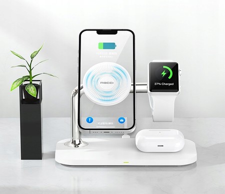 STOJAK Z ŁADOWARKA BEZPRZEWODOWA DO IPHONE / WATCH / AIRPODS 15W RECCI