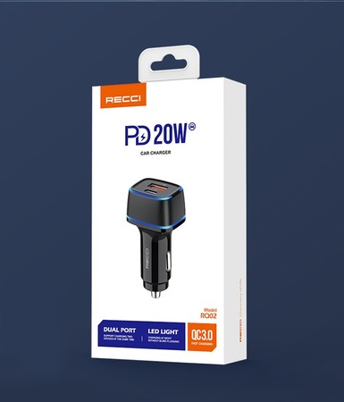 ŁADOWARKA SAMOCHODOWA LED USB i USB-C 20W PD QC 3.0 3A DO ZAPALNICZKI RECCI