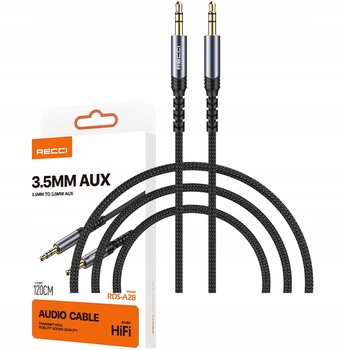 POZŁACANY MOCNY KABEL AUX MINI JACK 3,5MM AUDIO NYLON 1.2 M RECCI