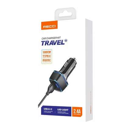 SZYBKA ŁADOWARKA SAMOCHODOWA USB LED 2.4A + KABEL USB-C TYP C RECCI