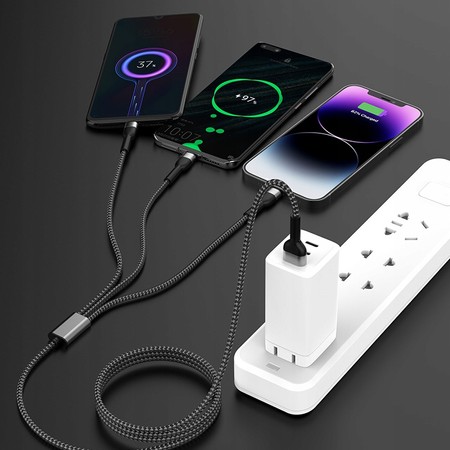 MOCNY SZYBKI KABEL 3w1 LIGHTNING TYP-C MICRO USB 6A 120cm 66W SZNUREK RECCI