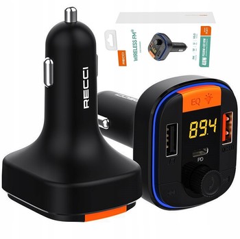 TRANSMITER SAMOCHODOWY FM BLUETOOTH LED NA KARTĘ USB-C ŁADOWARKA 48W RECCI