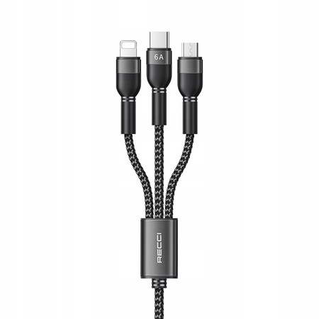 MOCNY SZYBKI KABEL 3w1 LIGHTNING TYP-C MICRO USB 6A 120cm 66W SZNUREK RECCI