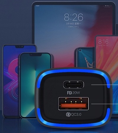 ŁADOWARKA SAMOCHODOWA LED USB i USB-C 20W PD QC 3.0 3A DO ZAPALNICZKI RECCI
