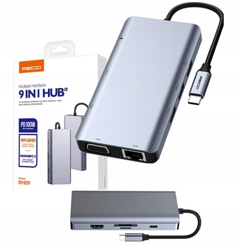ADAPTER 9w1 HUB USB-C do HDMI 4K USB 3.0 KARTA SD VGA RJ 45 SIECIOWA 1GB