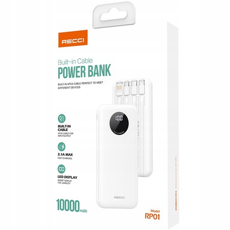 SZYBKI POWERBANK 10000MAH 2.1A Z EKRANEM LED Z KABLAMI 3W1 RECCI