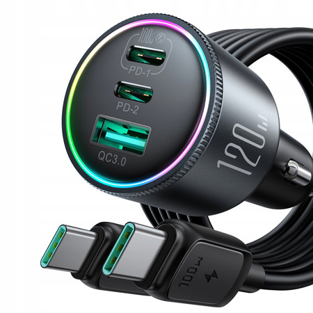 ŁADOWARKA SAMOCHODOWA Z KABLEM 120W 5A PD QC 3.0 USB-A 2x USB-C JOYROOM