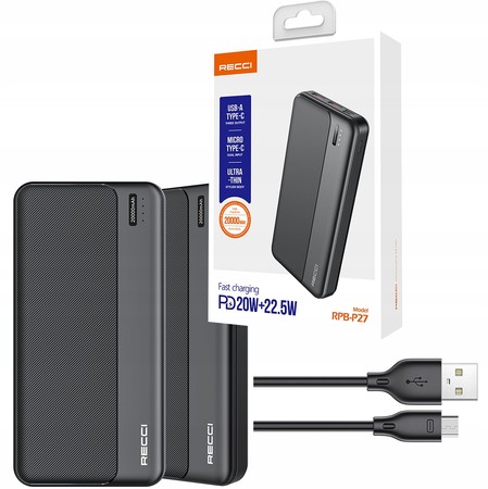 SZYBKI MOCNY POWERBANK 20000MAH 22,5W 3A PD + KABEL RECCI