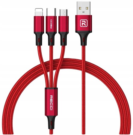 MOCNY KABEL USB PRZEWÓD 3w1 LIGHTNING MICRO TYP-C USB-C 2.4A 120cm RECCI