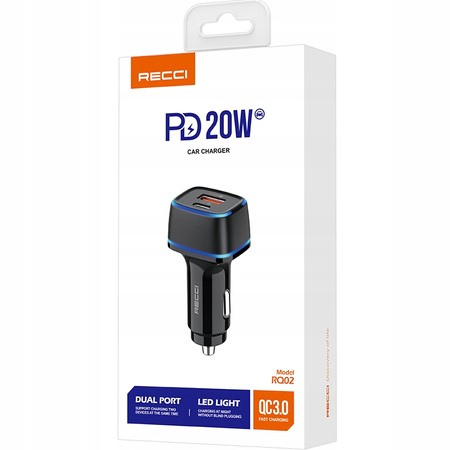 ŁADOWARKA SAMOCHODOWA LED USB i USB-C 20W PD QC 3.0 3A DO ZAPALNICZKI RECCI