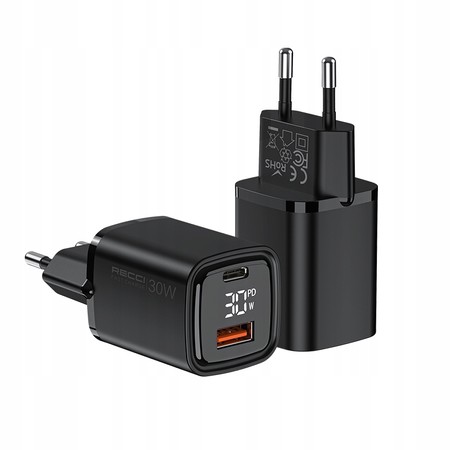 SZYBKA ŁADOWARKA SIECIOWA 30W USB i USB-C PD QC 3.0 WYŚWIETLACZ LED RECCI