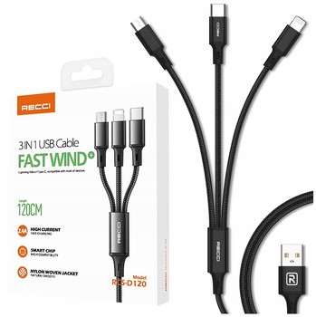 MOCNY KABEL USB PRZEWÓD 3w1 LIGHTNING MICRO TYP-C USB-C 2.4A 120cm RECCI