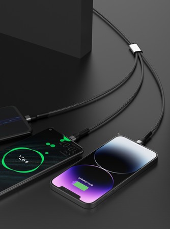 MOCNY SZYBKI KABEL 3w1 LIGHTNING TYP-C MICRO USB 6A 120cm 66W SZNUREK RECCI