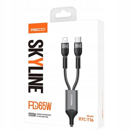 SZYBKI KABEL 3W1 W OPLOCIE USB-C TYP C LIGHTNING 65W 1.2M RECCI