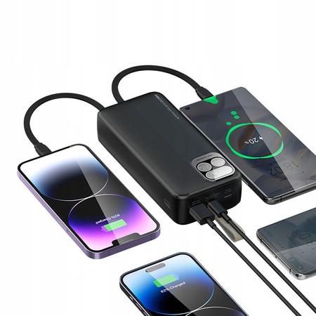 SZYBKI POWERBANK 30000MAH 22,5W 3A PD Z WBUDOWANYMI KABLAMI Z EKRANEM RECCI
