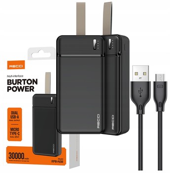 STACJA ŁADOWANIA POWERBANK 30000MAH MOCNY SZYBKI 2,1A USB C + KABEL RECCI