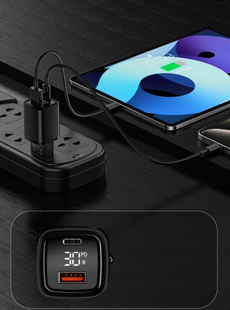 SZYBKA ŁADOWARKA SIECIOWA 30W USB i USB-C PD QC 3.0 WYŚWIETLACZ LED RECCI