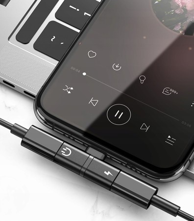 PRZEJŚCIÓWKA ADAPTER AUDIO SŁUCHAWEK 2x LIGHTNING DO IPHONE 2.1A RECCI