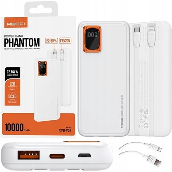 SZYBKI POWERBANK 10000MAH 22,5W QC 3.0 PD + KABEL LIGHTNING USB-C RECCI