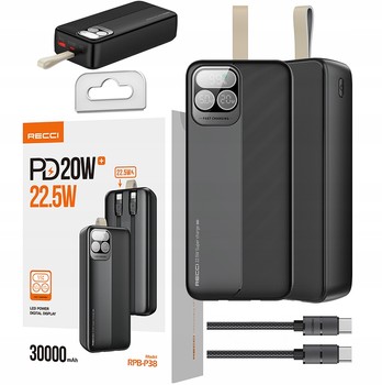 SZYBKI POWERBANK 30000MAH 22,5W 3A PD Z WBUDOWANYMI KABLAMI Z EKRANEM RECCI