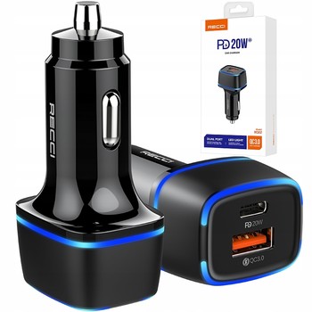 ŁADOWARKA SAMOCHODOWA LED USB i USB-C 20W PD QC 3.0 3A DO ZAPALNICZKI RECCI