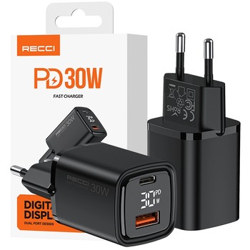 SZYBKA ŁADOWARKA SIECIOWA 30W USB i USB-C PD QC 3.0 WYŚWIETLACZ LED RECCI