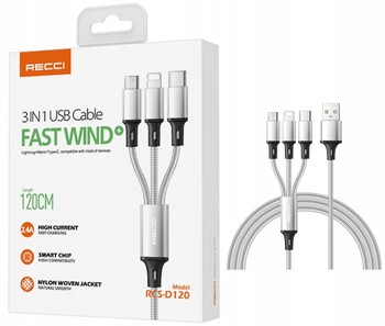 MOCNY KABEL USB PRZEWÓD 3w1 LIGHTNING MICRO TYP-C USB-C 2.4A 120cm RECCI