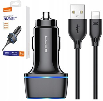 SZYBKA ŁADOWARKA SAMOCHODOWA USB LED 2.4A + KABEL LIGHTNING DO iPhone RECCI
